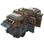 Skalmodell i trä av en vintage van med öppet tak, fönster och realistiska detaljer, perfekt för dekoration eller vetenskaplig samling.