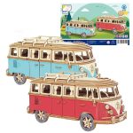 Färgglad mini van i trä, perfekt för inredning eller som pedagogisk leksak för barn. Vintage design med realistiska detaljer, idealisk för att stimulera kreativitet och lärande.
