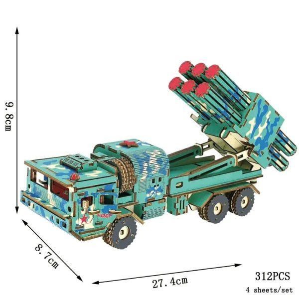 Militärfordon i byggsats med missil, dimensioner 27.4 cm x 8.7 cm x 6.8 cm, bestående av 312 delar, idealisk för modellbyggare och vetenskapsentusiaster.
