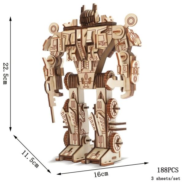 Hantverksrobot i trä, vetenskaplig dekorationsbit, detaljerad mekanisk design, höjd 22,5 cm, tillverkad av 188 delar, perfekt för samlare eller dekorerare.