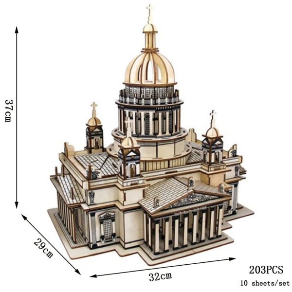 Skalmodell i trä av en katedral med kupoler och arkitektoniska detaljer, perfekt för vetenskaplig eller pedagogisk dekoration.