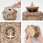 Mekanisk trä-klocka med skulpterade detaljer, exakt rörelse och elegant design, perfekt för att dekorera ditt hem eller som samlarobjekt.