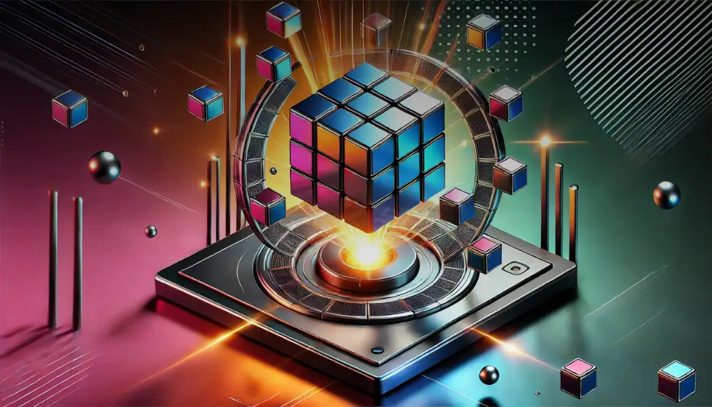 Digital Rubik's kub i 3D med ljuseffekter, futuristisk bakgrund, vetenskap och teknologi illustration för dekoration eller samling.