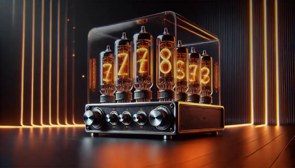Vintage Nixie-klocka med lysrör som visar tiden, retro och vetenskaplig inredning för moderna interiörer.