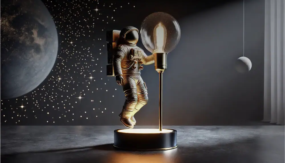 En astronaut i rymddräkt verkar hålla en ljuslampa, vilket skapar en fantasifull scen som väcker tankar om rymdutforskning och innovation.