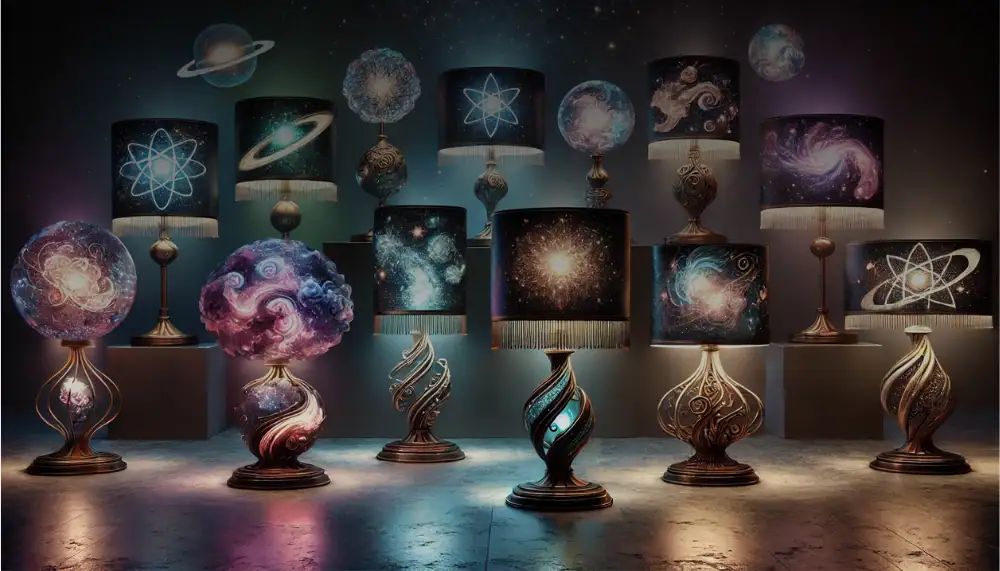 Dekorativ skrivbordslampa med kosmiska mönster, planeter och galaxer, idealisk för vetenskaplig dekoration eller för astronomientusiaster.