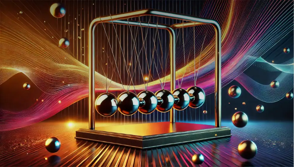 Newtonpendel i glänsande metall hängande i en futuristisk miljö med svävande sfärer och färgglada ljuseffekter.
