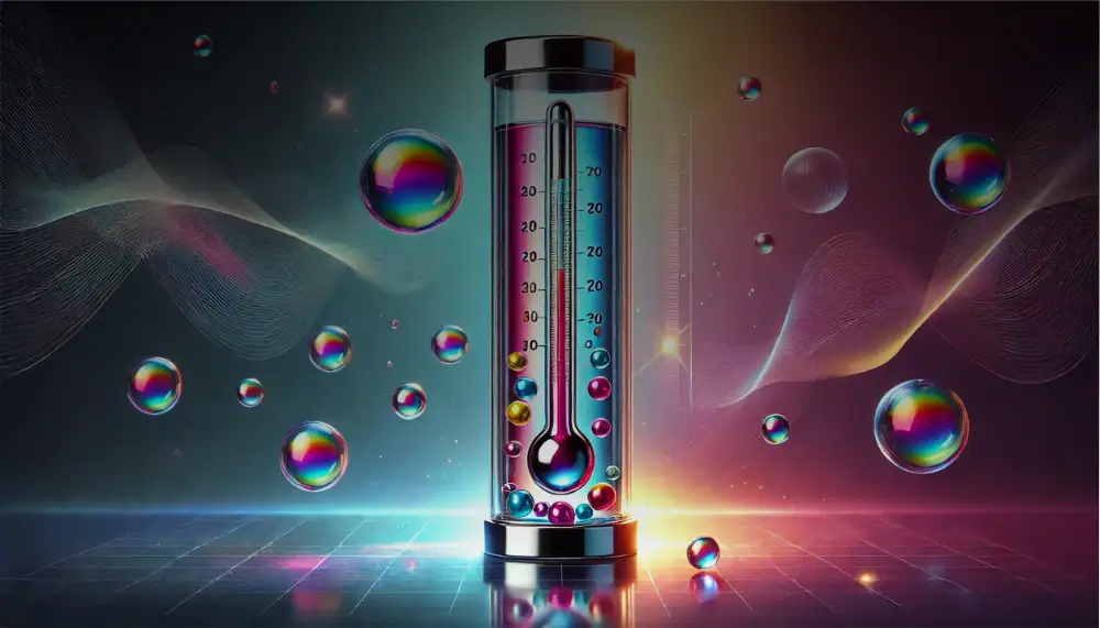Transparent vetenskaplig vas med färgad vätska och flytande bubblor, futuristisk och vetenskaplig atmosfär.