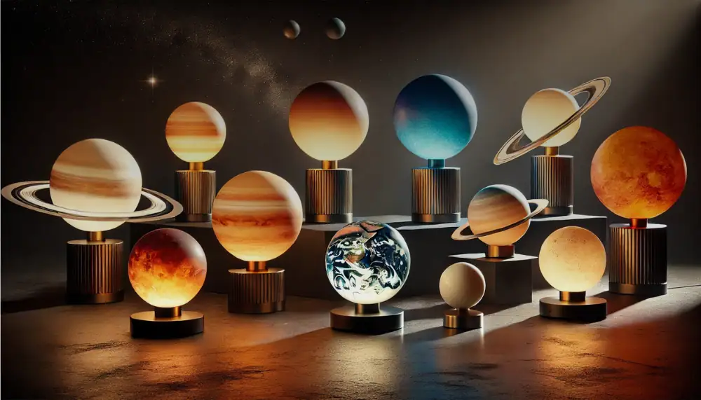 Samling av modeller av planeter i solsystemet, inklusive Merkurius, Venus, Jorden, Mars, Jupiter, Saturnus, Uranus, Neptunus och Solen, utställda på trästöd.