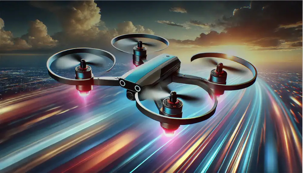 Högteknologisk racingdrönare med LED-lampor, som flyger över en upplyst stad i hög hastighet.