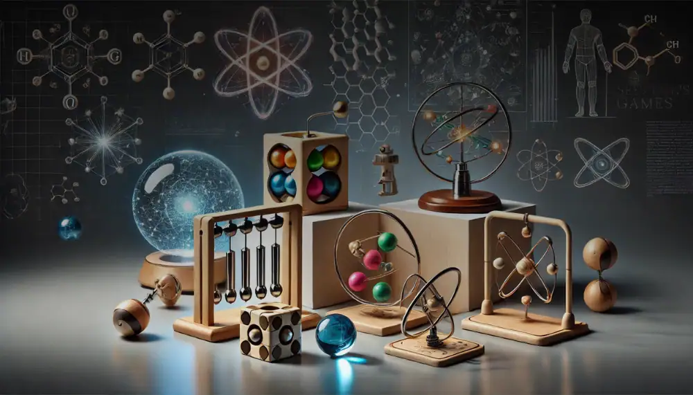 Samling av vetenskapliga objekt inklusive en atommodell, ett periodiskt system, en glob och olika laboratorieinstrument, idealiska för dekoration och samling.