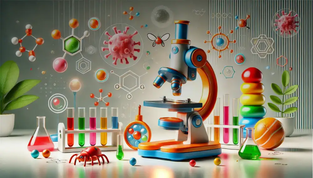 Laboratoriemikroskop omgiven av molekyler, virus och forskningsinstrument inom naturvetenskap.