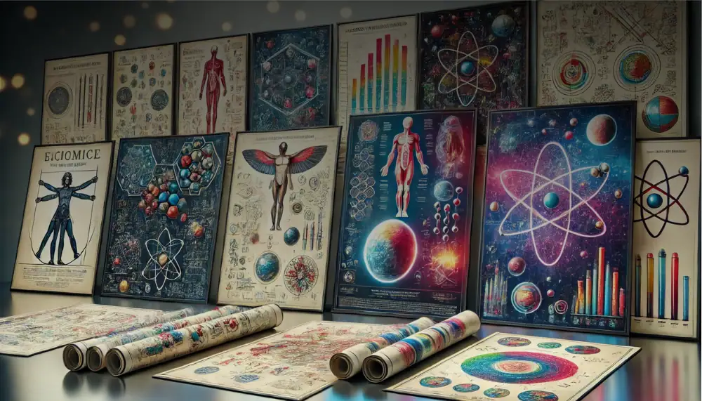 Vetenskaplig affisch med illustrationer av atommodeller, solsystem och biologiska diagram.