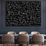 Svart tavla med komplexa matematiska ekvationer i ett modernt klassrum, dekorerat med stolar och ett bord, utbildande och innovativ atmosfär.