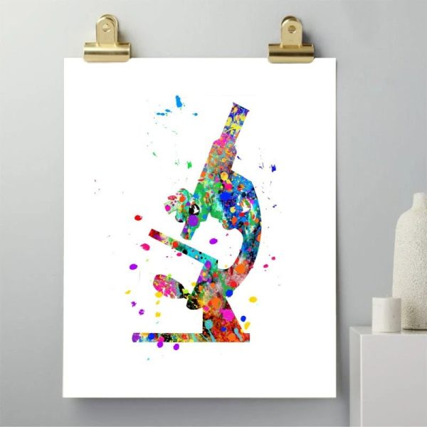 Illustration av ett färgglatt mikroskop i abstrakt stil med livliga färgfläckar, som representerar vetenskap och forskning i en modern konstnärlig design.