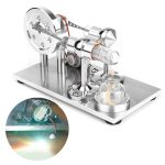 Vetenskaplig arbetsstation med laboratorieapparater i metall, inklusive manometer, provrör och flaska, idealisk för pedagogiska experiment och vetenskapliga demonstrationer.