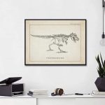 Illustration av en Tyrannosaurus Rex, detaljerad anatomisk teckning i en vintage stil, inramad, för vetenskaplig eller pedagogisk dekoration.