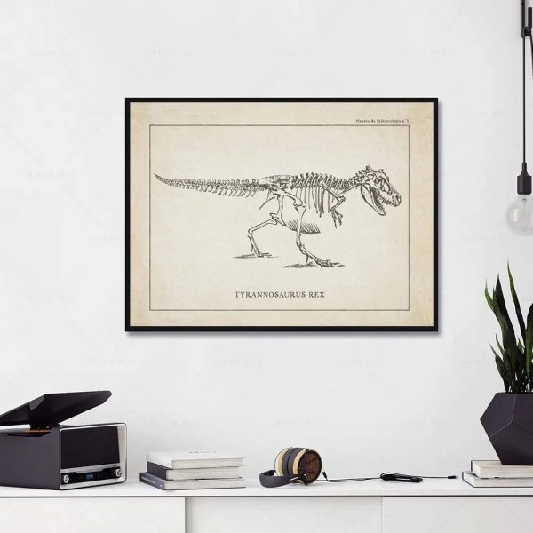 Illustration av en Tyrannosaurus Rex, detaljerad anatomisk teckning i en vintage stil, inramad, för vetenskaplig eller pedagogisk dekoration.