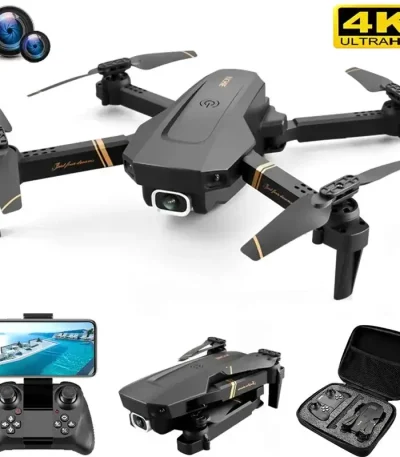 Quadcopter-drönare med 4K-kamera, kontroller och förvaringsväska, idealisk för flygfotografi och videografi.