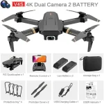Quadcopter-drönare med 4K-kamera, batteri, fjärrkontroll och tillbehör för fritid och flygfotografi.