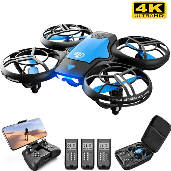 Quadcopter-drönare med 4K kamera, fjärrkontroll och tillbehör för luftfotografering, idealisk för högupplöst foto och video.