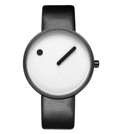 Minimalistisk klocka med vit urtavla, en enda index och svart läderarmband, som förenar enkelhet och elegans.
