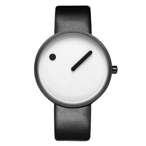 Minimalistisk klocka med vit urtavla, en enda index och svart läderarmband, som förenar enkelhet och elegans.