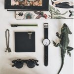 Samling av vetenskapliga tillbehör inklusive en klocka, glasögon, anteckningsbok, penna, armband och en ödlafigur, perfekta för kontors- eller hylldekoration.