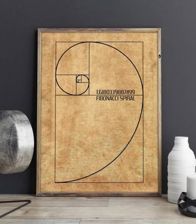 Dekorativ tavla som representerar Fibonacci-spiralen med koordinater och matematisk formel, idealisk för vetenskaplig eller utbildningsinredning.