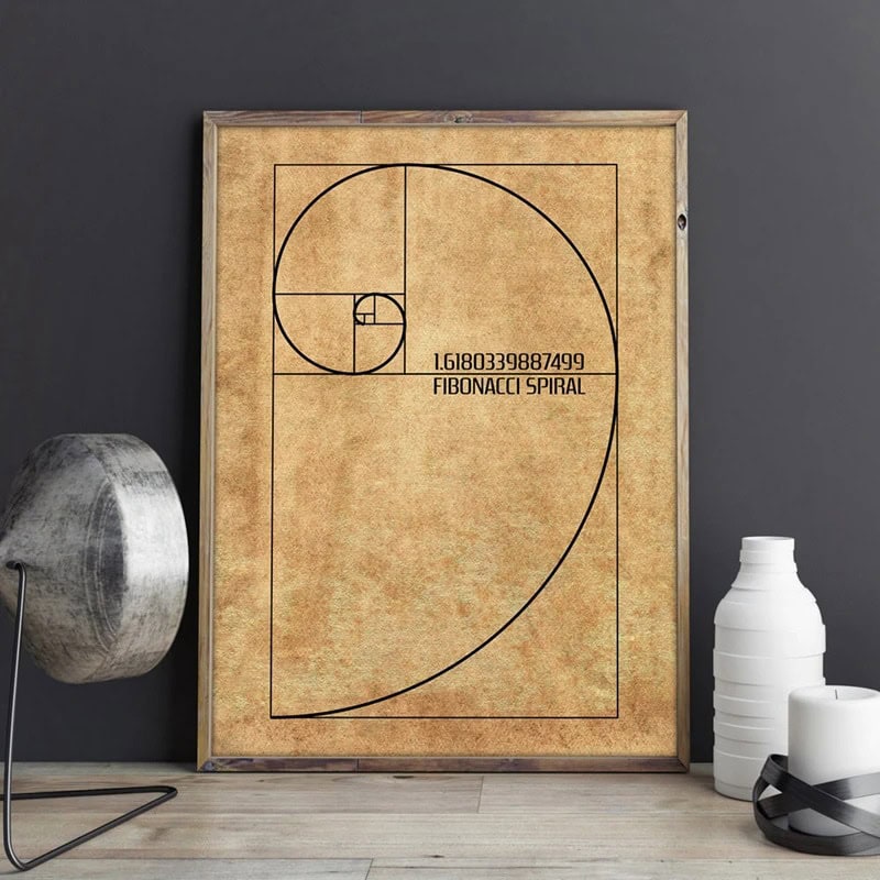 Dekorativ tavla som representerar Fibonacci-spiralen med koordinater och matematisk formel, idealisk för vetenskaplig eller utbildningsinredning.