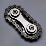 Cykelkedja i metall med växel, närbild, för vetenskapliga och mekaniska tillbehör.