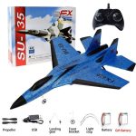 Fjärrstyrd raketmodell SU-35 med blå skumvingar, inkluderad fjärrkontroll, perfekt för vetenskaps- och flygmodellbyggarentusiaster.