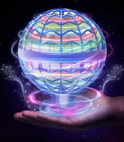 Flytande holografisk vetenskaplig sfär med färgglada ljuseffekter, som representerar futuristisk teknologi och vetenskap, svävande i ett stjärnigt utrymme.