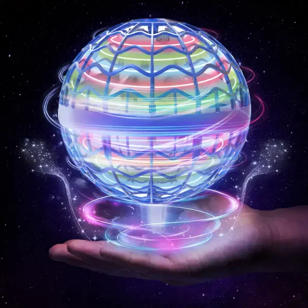 Flytande holografisk vetenskaplig sfär med färgglada ljuseffekter, som representerar futuristisk teknologi och vetenskap, svävande i ett stjärnigt utrymme.
