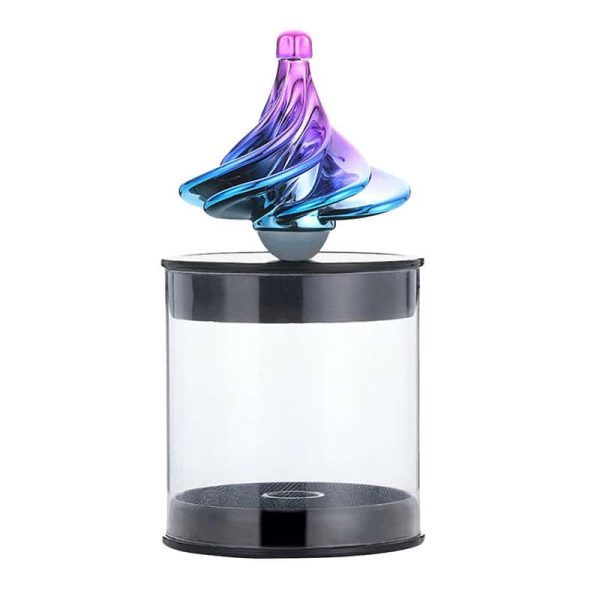 Färgglad glaspendel med virvlande design, placerad på en transparent hållare, perfekt för vetenskaplig dekoration eller som en unik samlarobjekt.