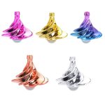 Samling av färgglada glasvaser i spiralform, tillgängliga i rosa, guld, lila, koppar och transparent, perfekta för vetenskaplig och modern dekoration.