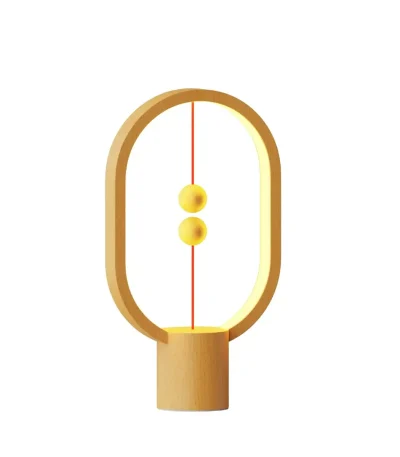 Modern designlampa inspirerad av fysik, med två gula sfärer hängande i en träram, perfekt för vetenskaplig dekoration.