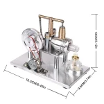 Minivetenenskaplig apparat med metallkomponenter, manometer och glasbehållare, som illustrerar en modell av ångmotor för dekoration eller vetenskaplig studie.