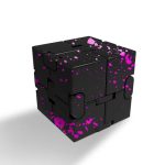 Svart vetenskaplig kub med fluorescerande rosa stänk, modern och originell dekoration för ett vetenskapligt eller dekorativt utrymme.
