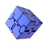 Blå metallkub med rörliga bitar, modern och vetenskaplig design, perfekt för dekoration eller som vetenskapligt samlarobjekt.