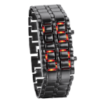Innovativ smartklocka med svart metallarmband och integrerade röda LED-lampor, som förenar teknologi och modern design.