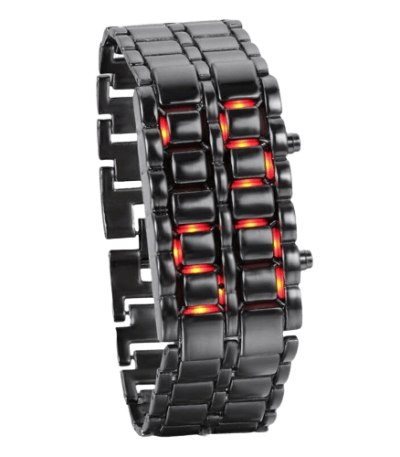 Innovativ smartklocka med svart metallarmband och integrerade röda LED-lampor, som förenar teknologi och modern design.