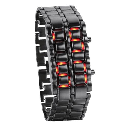 Innovativ smartklocka med svart metallarmband och integrerade röda LED-lampor, som förenar teknologi och modern design.