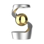 Modernt vetenskapligt objekt med en guldkula hängande i en silverfärgad spiral, som illustrerar fusionen av konst och vetenskap.