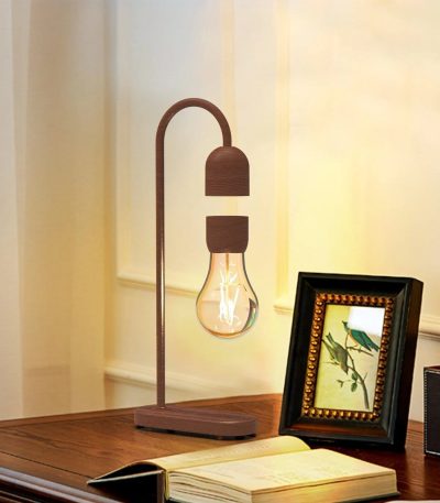 Designad skrivbordslampa i form av en glödlampa med stöd i naturligt trä, idealisk för vetenskaplig eller modern inredning.