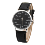 Klocka med svart urtavla med matematiska formler, siffror och vetenskapliga symboler, svart läderarmband, elegant och lärorik design, perfekt för vetenskaps- och matematikentusiaster.