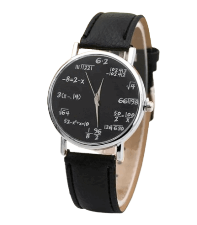 Klocka med svart urtavla med matematiska formler, siffror och vetenskapliga symboler, svart läderarmband, elegant och lärorik design, perfekt för vetenskaps- och matematikentusiaster.