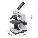 Vetenskapligt mikroskop med flera objektiv, LED-belysning och justerbar platta, perfekt för noggrann observation i laboratorium eller hemma.