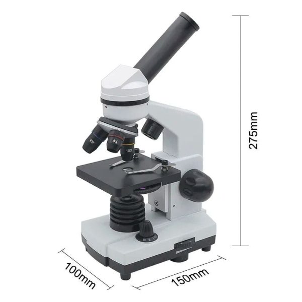 Vetenskapligt mikroskop med flera objektiv, LED-belysning och justerbar platta, perfekt för noggrann observation i laboratorium eller hemma.