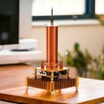 Laboratorielampa i koppar med trästativ och elektroniska komponenter för vetenskapliga experiment.